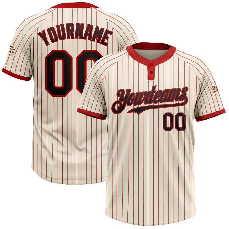 Softball jersey with light and breathable polyester fabric-Custom Cream Red Pinstripe Black Two-Button Unisex Softball Jersey