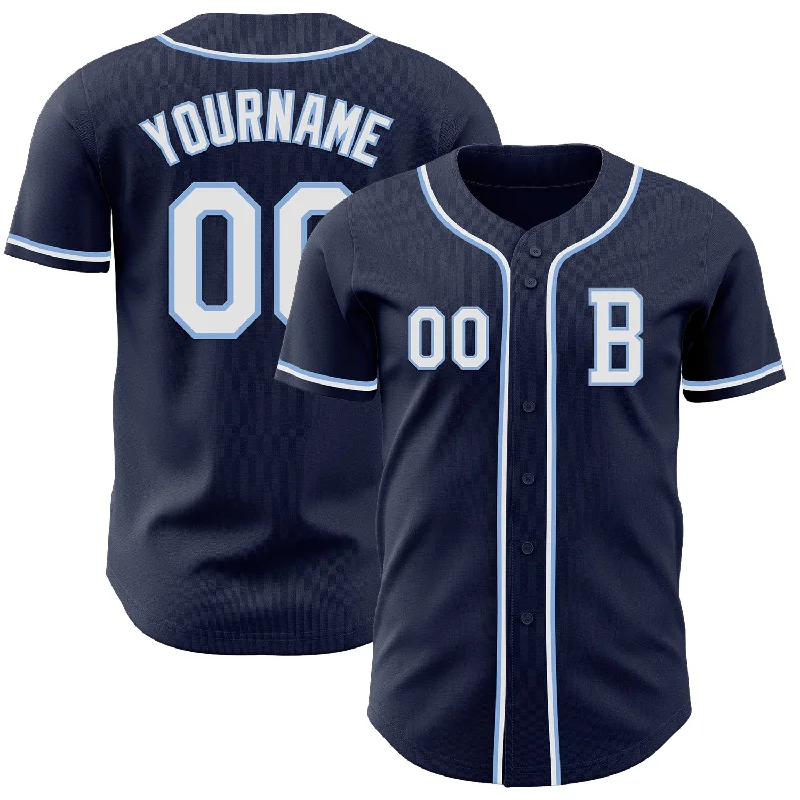 Baseball jersey with team colors and custom patch-Custom Navy White-Light Blue Authentic Baseball Jersey