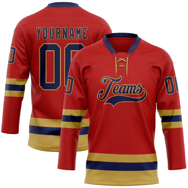 Hockey jersey with mesh inserts for enhanced airflow-Custom Red Navy-Old Gold Hockey Lace Neck Jersey