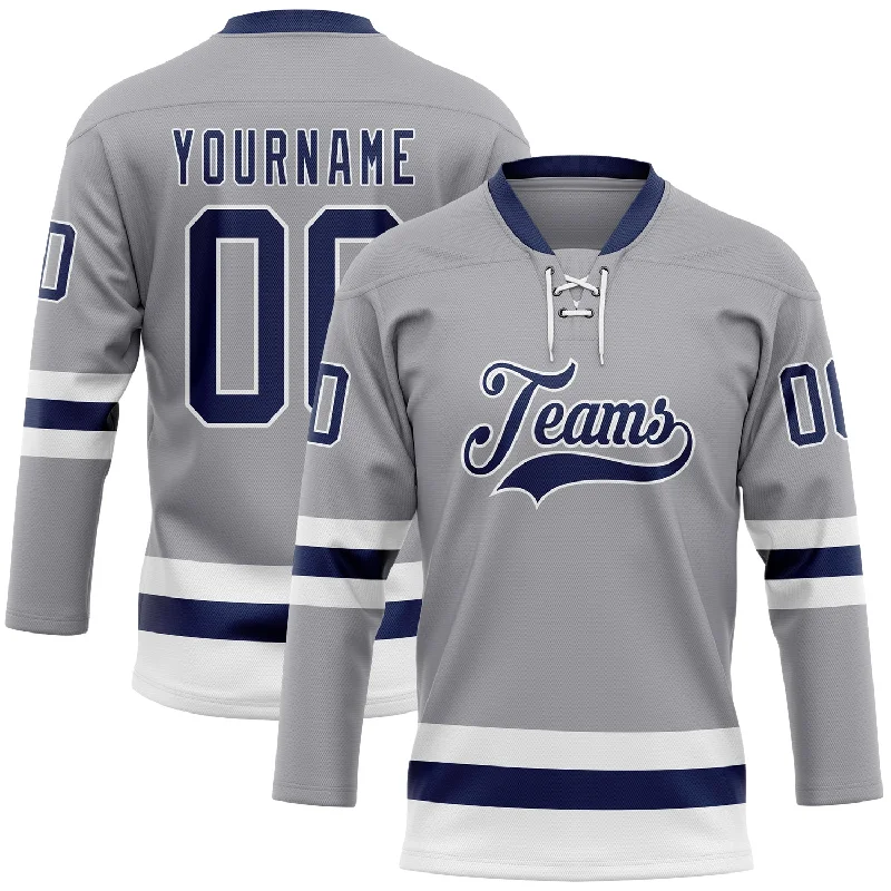 Hockey jersey with breathable material for comfort-Custom Gray Navy-White Hockey Lace Neck Jersey