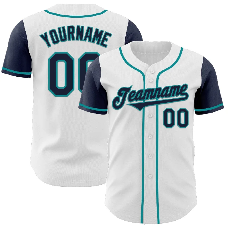 Personalized baseball jersey with a professional look-Custom White Navy-Teal Authentic Two Tone Baseball Jersey