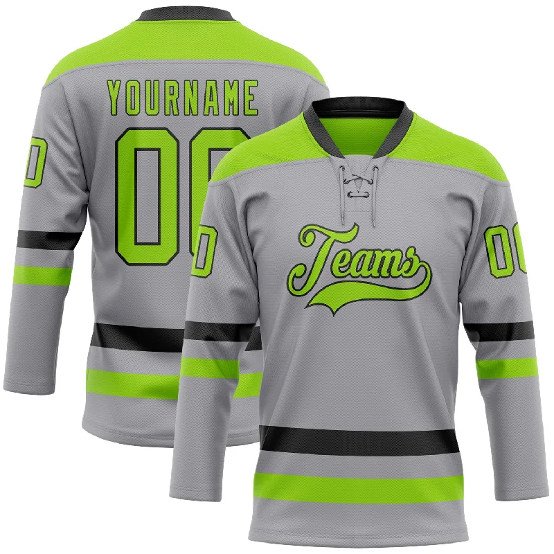 Personalized hockey jersey for professional fans-Custom Gray Neon Green-Black Hockey Lace Neck Jersey