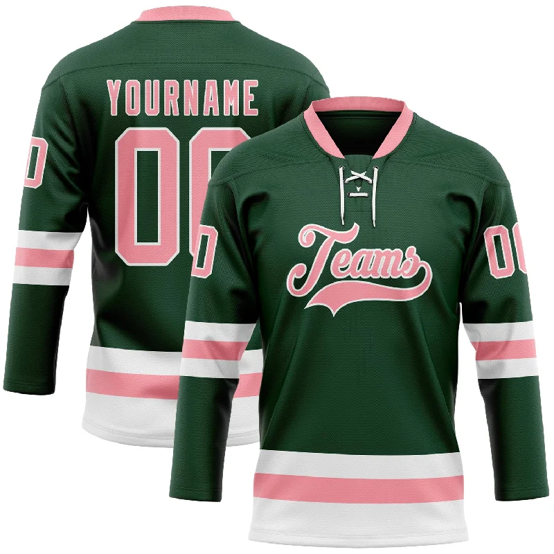 Custom hockey jersey with team logo-Custom Green Medium Pink-White Hockey Lace Neck Jersey