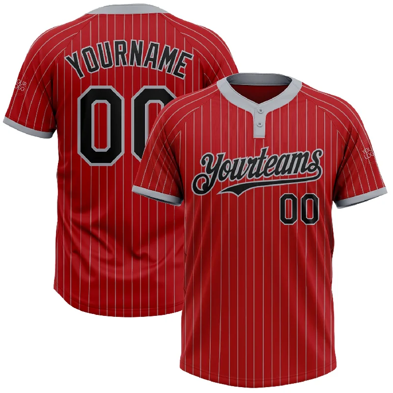 Custom softball jersey with player name-Custom Red Gray Pinstripe Black Two-Button Unisex Softball Jersey