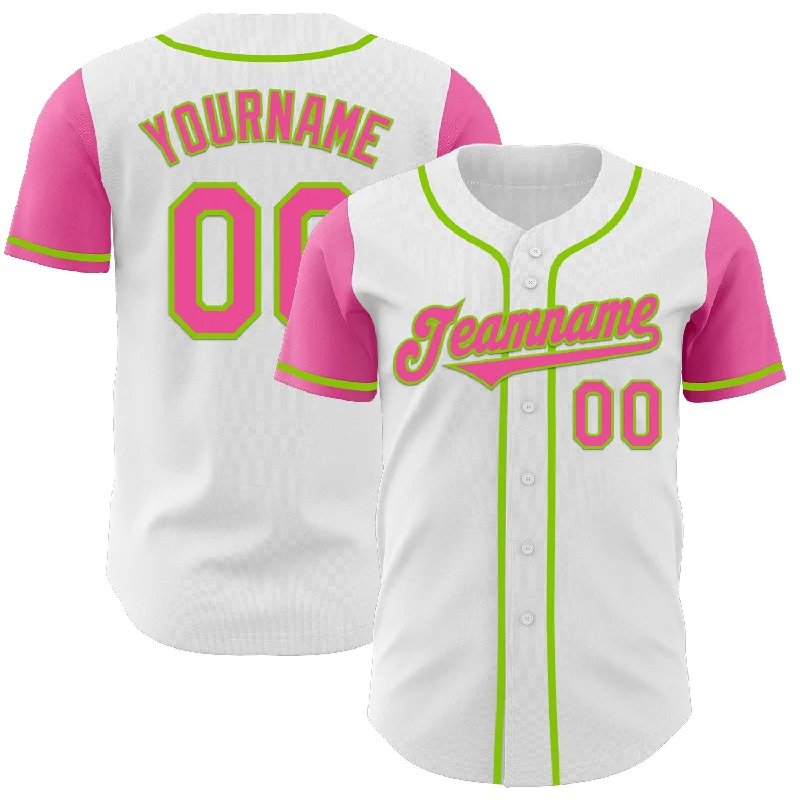 Soft and comfortable baseball jersey for casual wear-Custom White Pink-Neon Green Authentic Two Tone Baseball Jersey