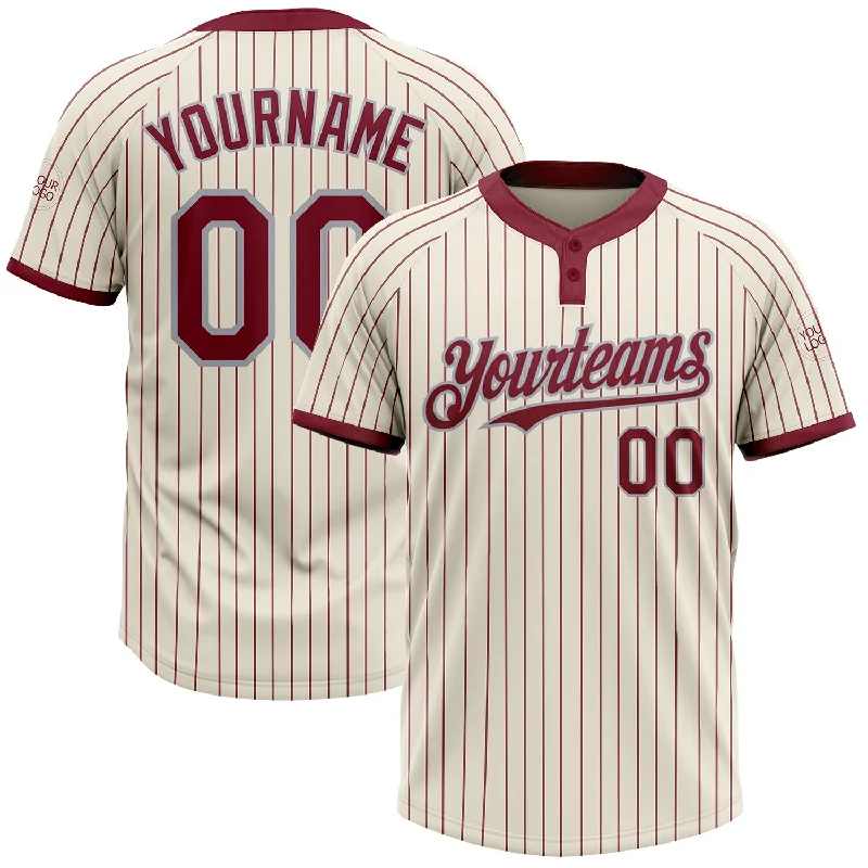 Custom softball jersey with bold colors and designs-Custom Cream Crimson Pinstripe Gray Two-Button Unisex Softball Jersey