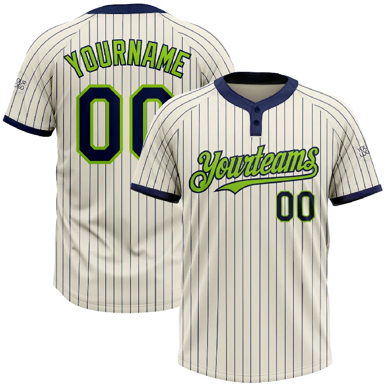 Softball jersey with functional zippered pockets for accessories-Custom Cream Navy Pinstripe Neon Green Two-Button Unisex Softball Jersey