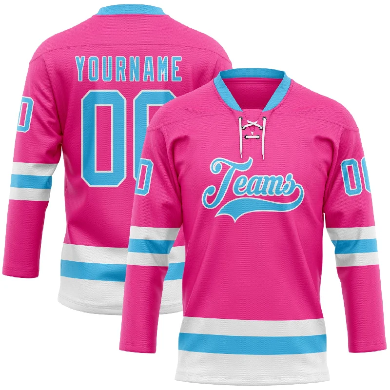 Personalized hockey jersey with custom color designs-Custom Pink Sky Blue-White Hockey Lace Neck Jersey