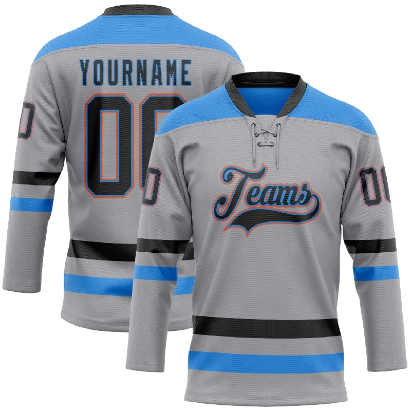 Custom hockey jersey with vibrant colors for visibility-Custom Gray Black Powder Blue-Orange Hockey Lace Neck Jersey