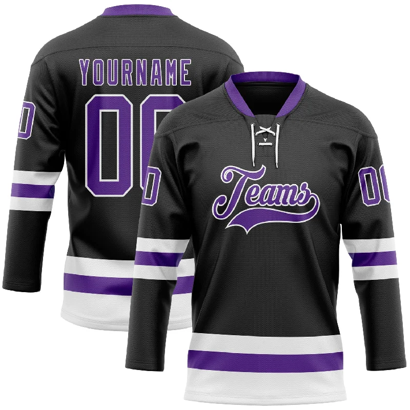 Custom hockey jersey with easy-to-apply team graphics-Custom Black Purple-White Hockey Lace Neck Jersey