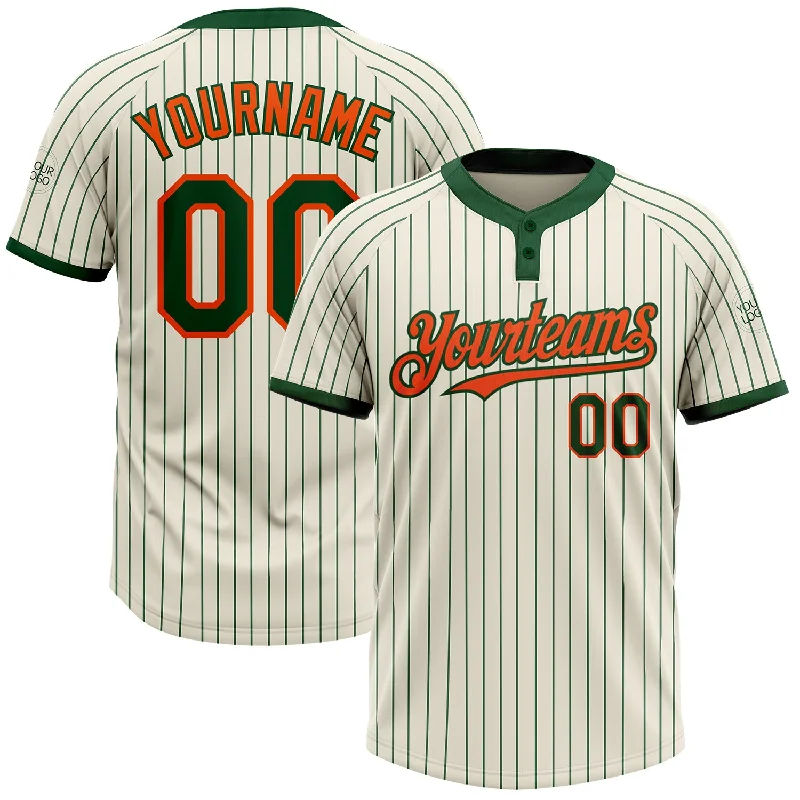 Stylish softball jersey for players and fans-Custom Cream Green Pinstripe Orange Two-Button Unisex Softball Jersey