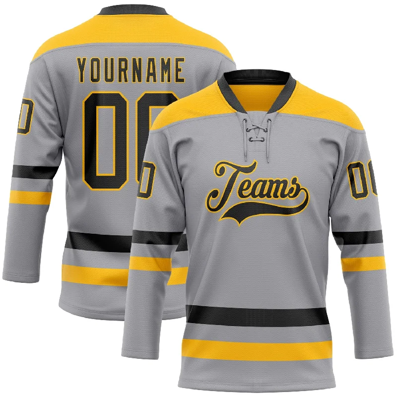 Personalized hockey jersey for school sports teams-Custom Gray Black-Gold Hockey Lace Neck Jersey