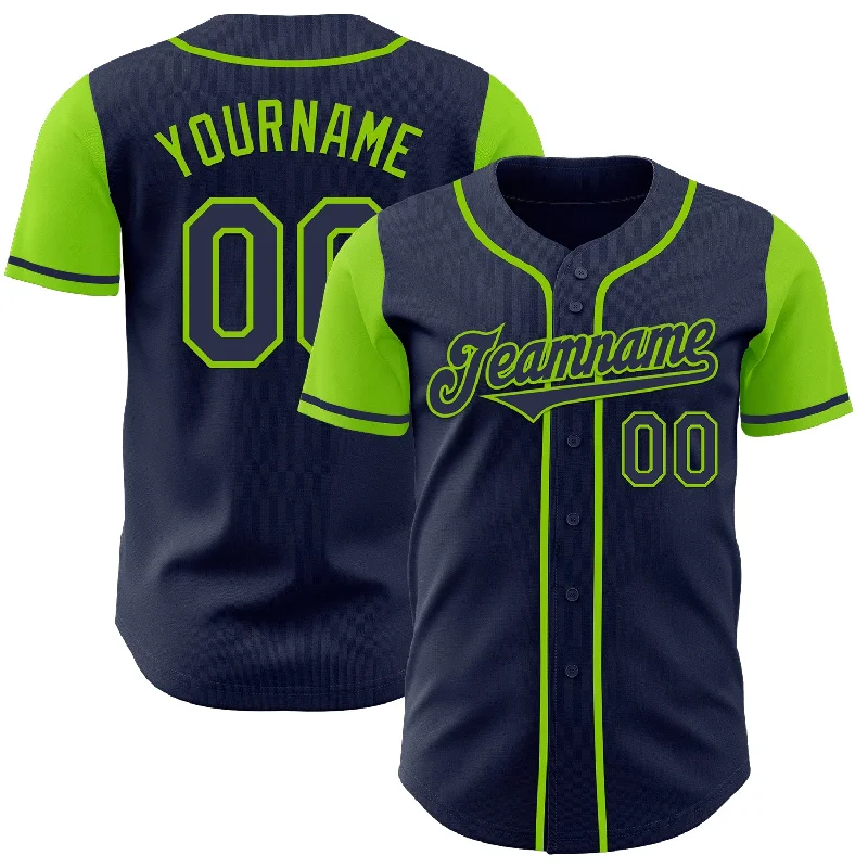 Personalized baseball jersey for sports fans-Custom Navy Neon Green Authentic Two Tone Baseball Jersey