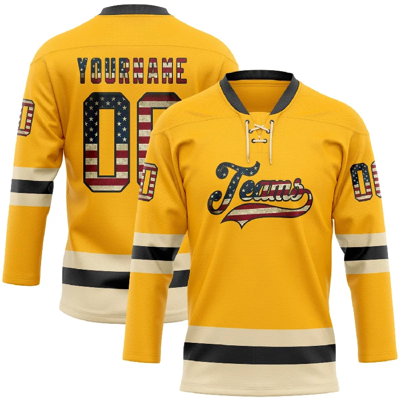 Hockey jersey with ergonomic cut for better movement-Custom Gold Vintage USA Flag Black-Cream Hockey Lace Neck Jersey