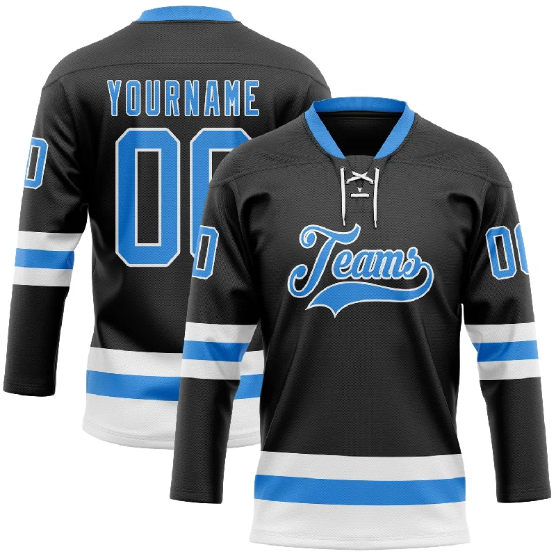 Custom hockey jersey for fan support and events-Custom Black Powder Blue-White Hockey Lace Neck Jersey