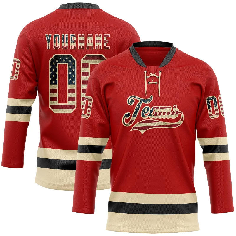 Personalized hockey jersey for event giveaways-Custom Red Vintage USA Flag Cream-Black Hockey Lace Neck Jersey