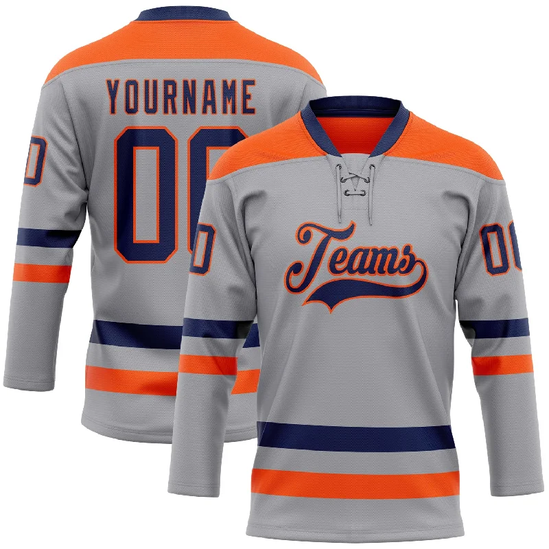 Custom hockey jersey for junior leagues-Custom Gray Navy-Orange Hockey Lace Neck Jersey