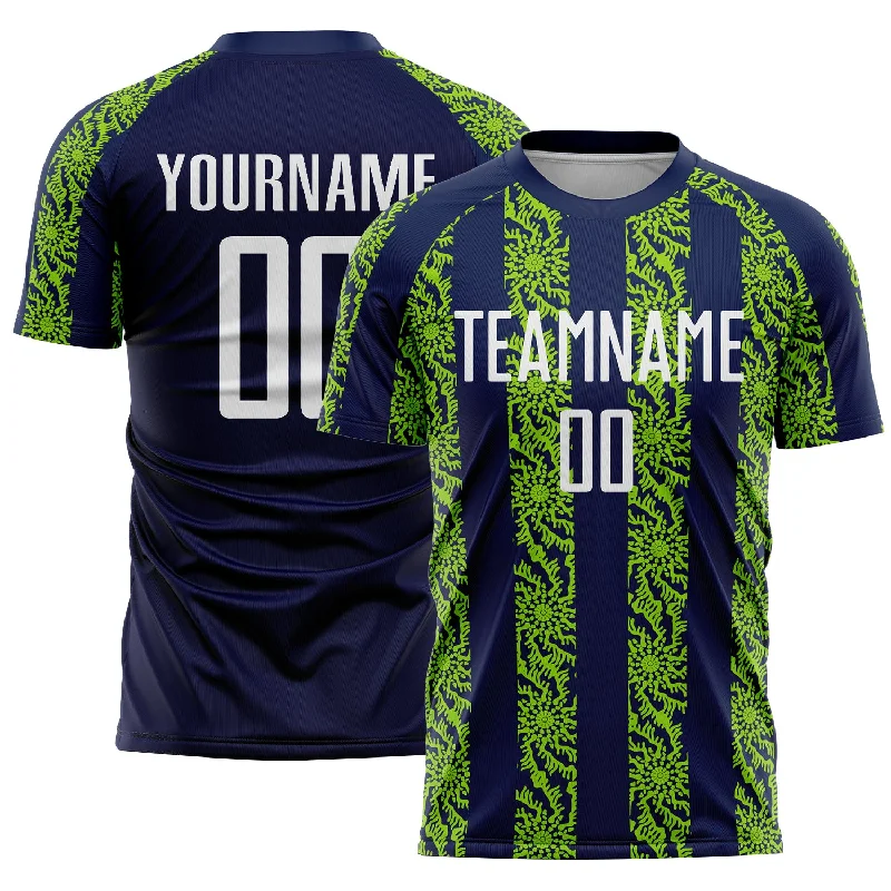 Personalized soccer jersey for sports enthusiasts-Custom Navy White-Neon Green Abstract Shape Sublimation Soccer Uniform Jersey