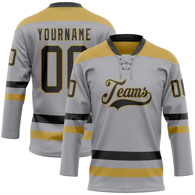 Custom hockey jersey with iconic logos and symbols-Custom Gray Black-Old Gold Hockey Lace Neck Jersey