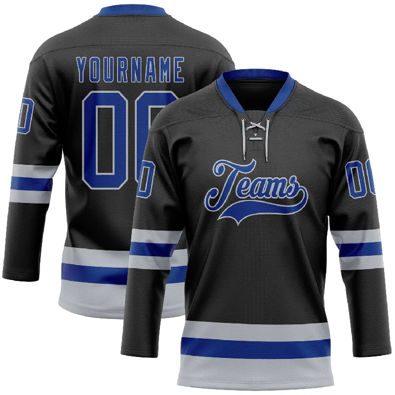 Personalized hockey jersey for tournament giveaways-Custom Black Royal-Gray Hockey Lace Neck Jersey