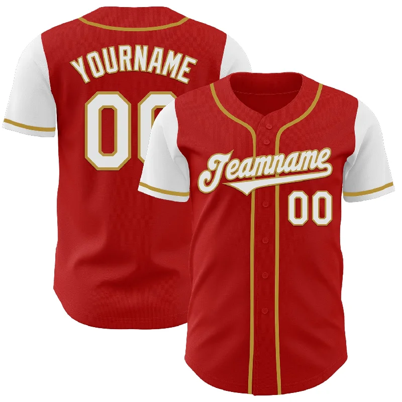 Custom team baseball jersey with your logo-Custom Red White-Old Gold Authentic Two Tone Baseball Jersey