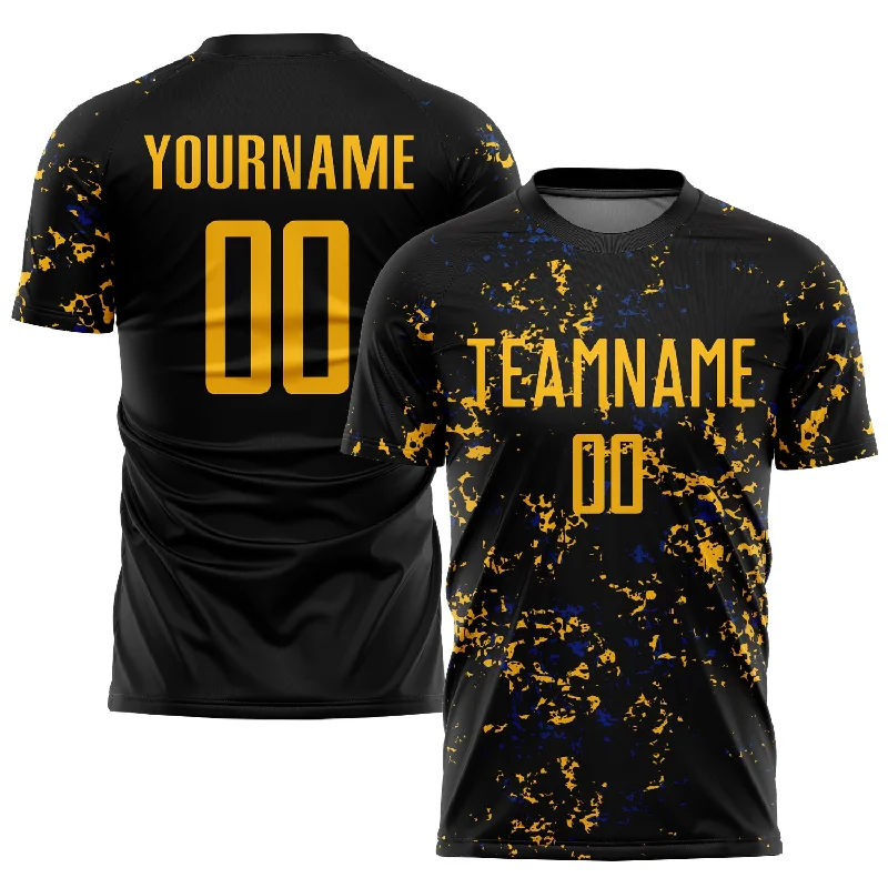 Personalized soccer jersey with custom colors and logos-Custom Black Gold-Royal Abstract Fragment Art Sublimation Soccer Uniform Jersey