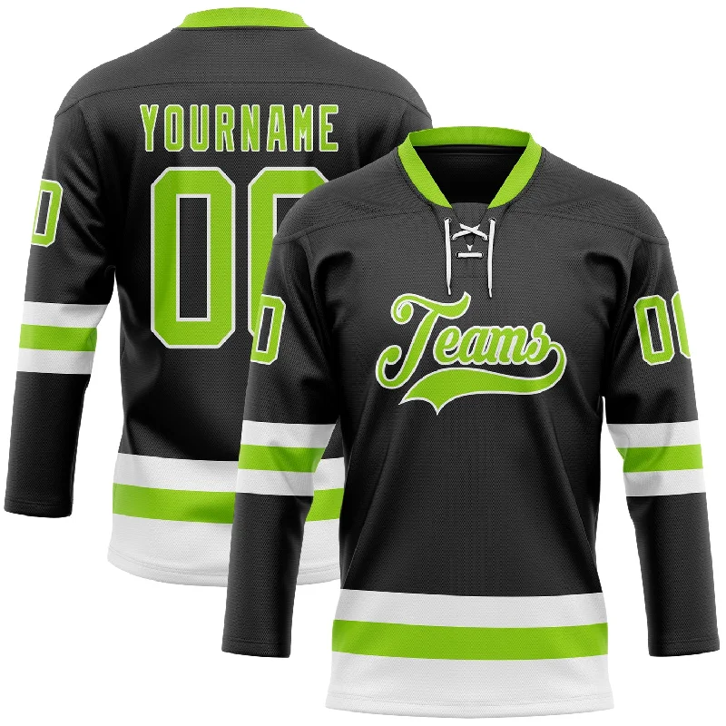 Custom hockey jersey with exclusive team patterns-Custom Black Neon Green-White Hockey Lace Neck Jersey