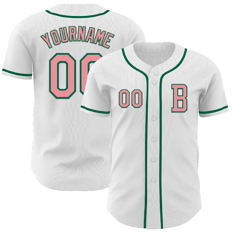 Custom baseball jersey for sports teams-Custom White Medium Pink-Kelly Green Authentic Baseball Jersey