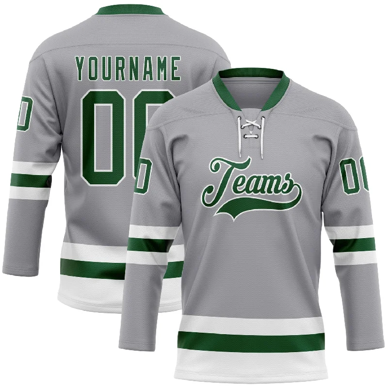 Custom hockey jersey for youth hockey leagues-Custom Gray Green-White Hockey Lace Neck Jersey