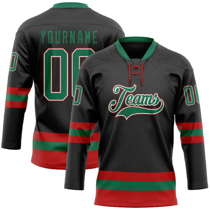 Custom hockey jersey with embroidered patches-Custom Black Kelly Green-Red Hockey Lace Neck Jersey