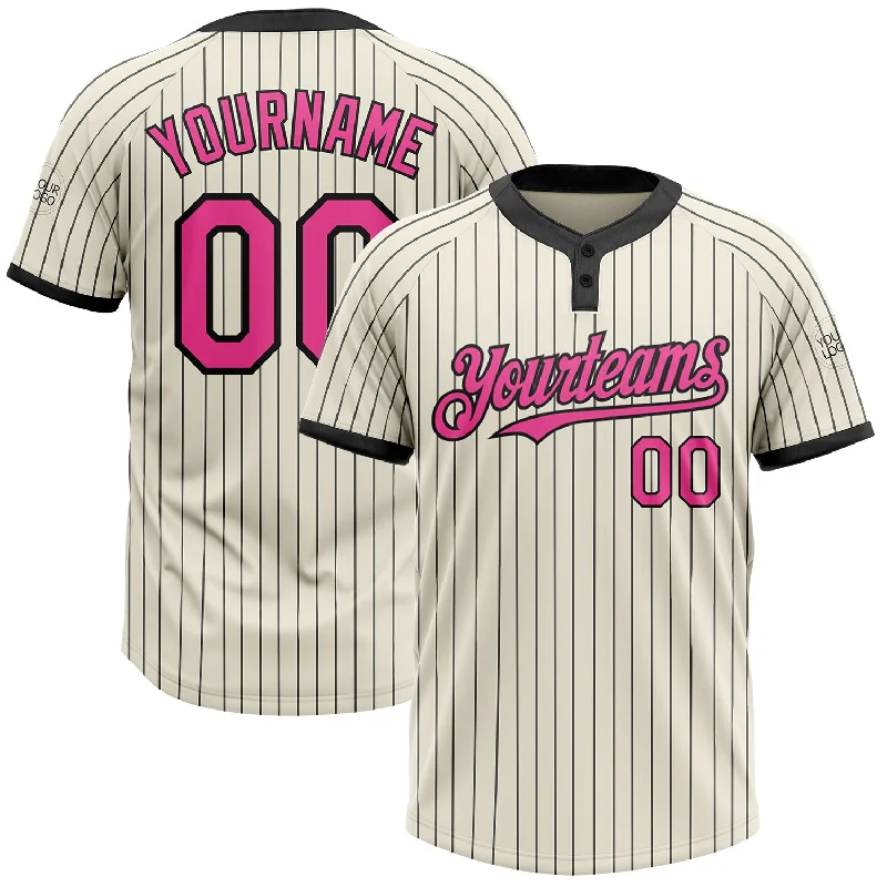 Softball jersey with custom detailing for team unity-Custom Cream Black Pinstripe Pink Two-Button Unisex Softball Jersey