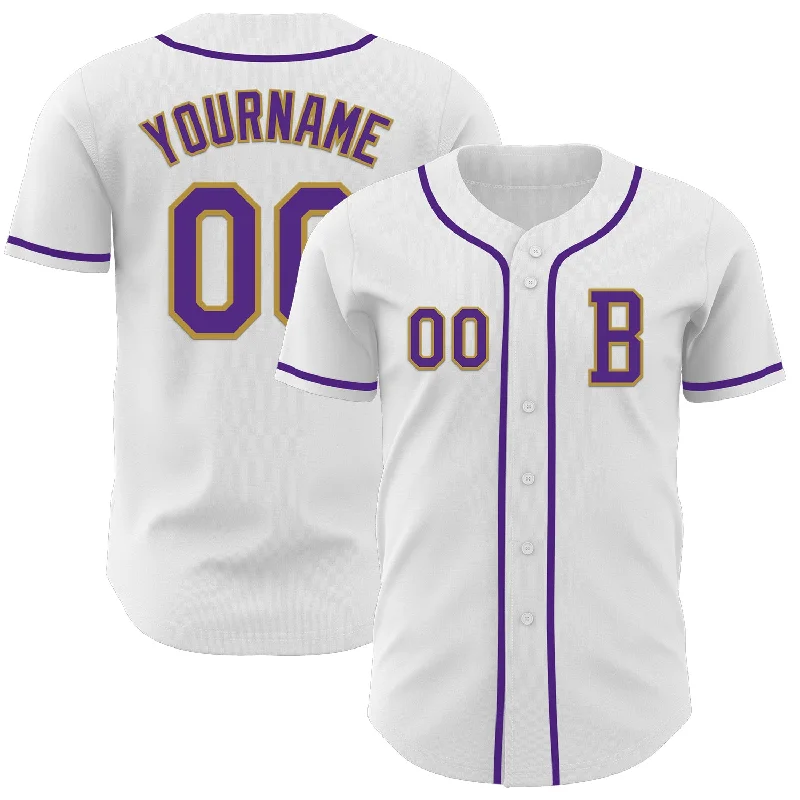 Baseball jersey for little league teams-Custom White Purple-Old Gold Authentic Baseball Jersey