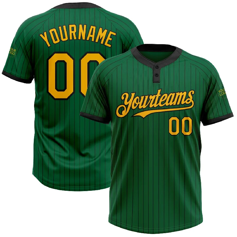 Softball jersey with stylish graphics and prints-Custom Kelly Green Black Pinstripe Gold Two-Button Unisex Softball Jersey