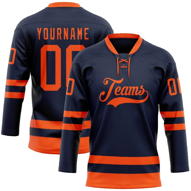 Hockey jersey with bold graphics and designs-Custom Navy Orange Hockey Lace Neck Jersey