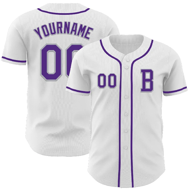 Custom baseball jersey with matching hats-Custom White Purple-Gray Authentic Baseball Jersey