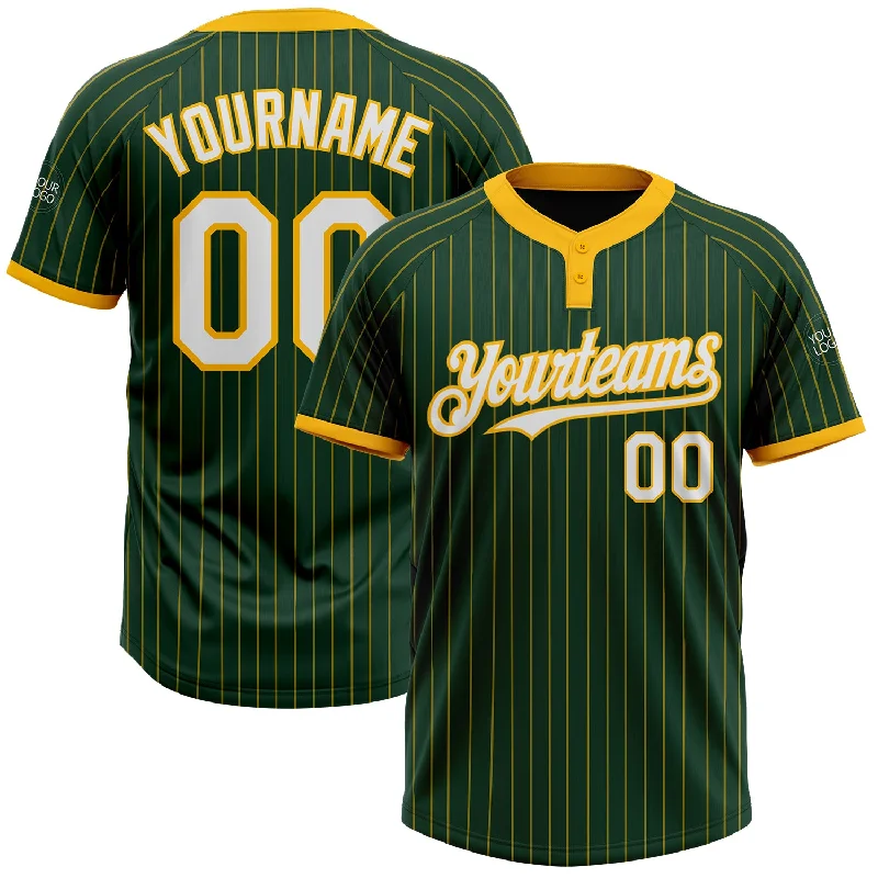 Softball jersey with high-quality fabric for longevity-Custom Green Gold Pinstripe White Two-Button Unisex Softball Jersey