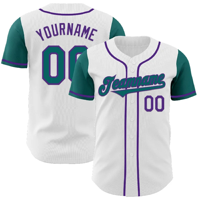 Personalized baseball jersey for game day-Custom White Teal-Purple Authentic Two Tone Baseball Jersey