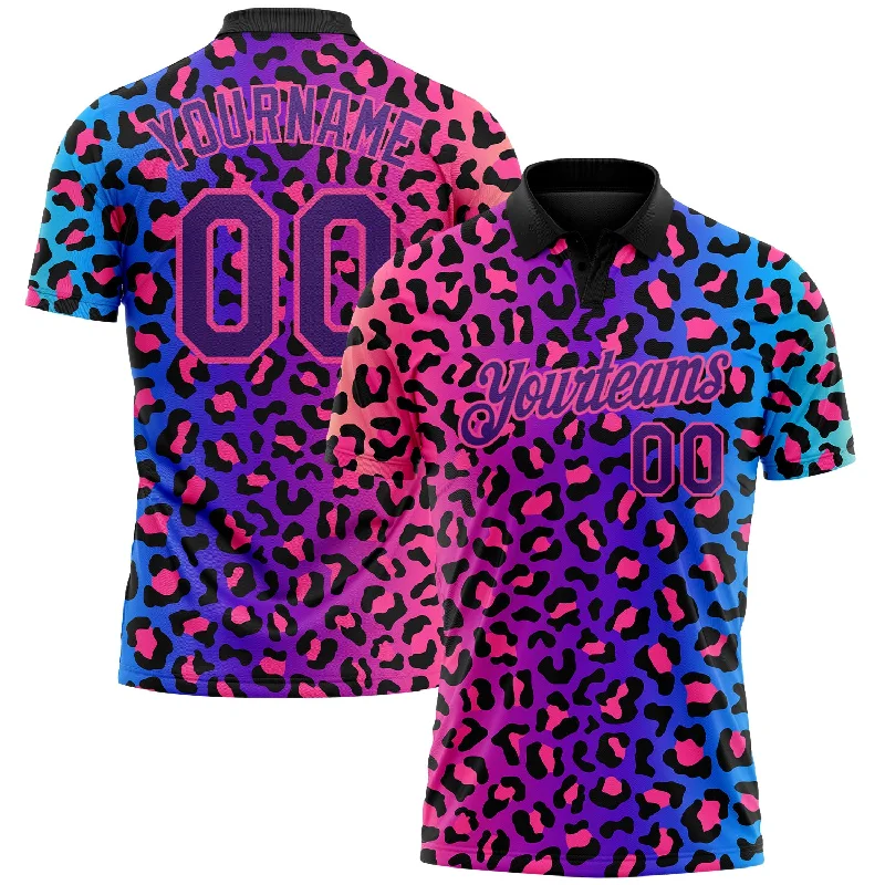 Custom golf polo shirt with sleek designs for competitions-Custom Pink Purple-Black 3D Pattern Design Leopard Print Performance Golf Polo Shirt