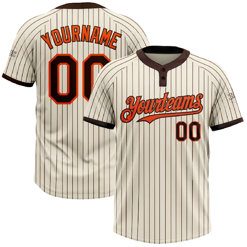 Softball jersey with stylish stripes on sleeves-Custom Cream Brown Pinstripe Orange Two-Button Unisex Softball Jersey