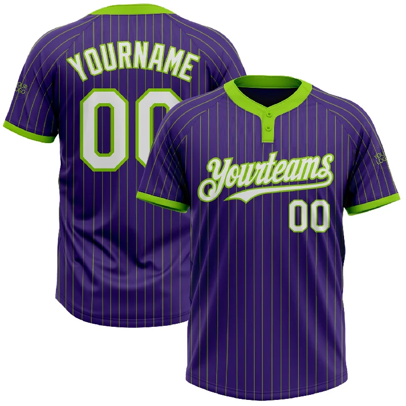 Custom softball jersey with sublimation printing options-Custom Purple Neon Green Pinstripe White Two-Button Unisex Softball Jersey