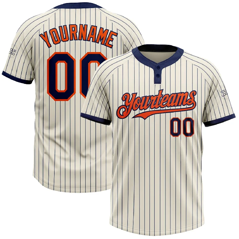 Softball jersey with breathable mesh panels on the sides-Custom Cream Navy Pinstripe Orange Two-Button Unisex Softball Jersey