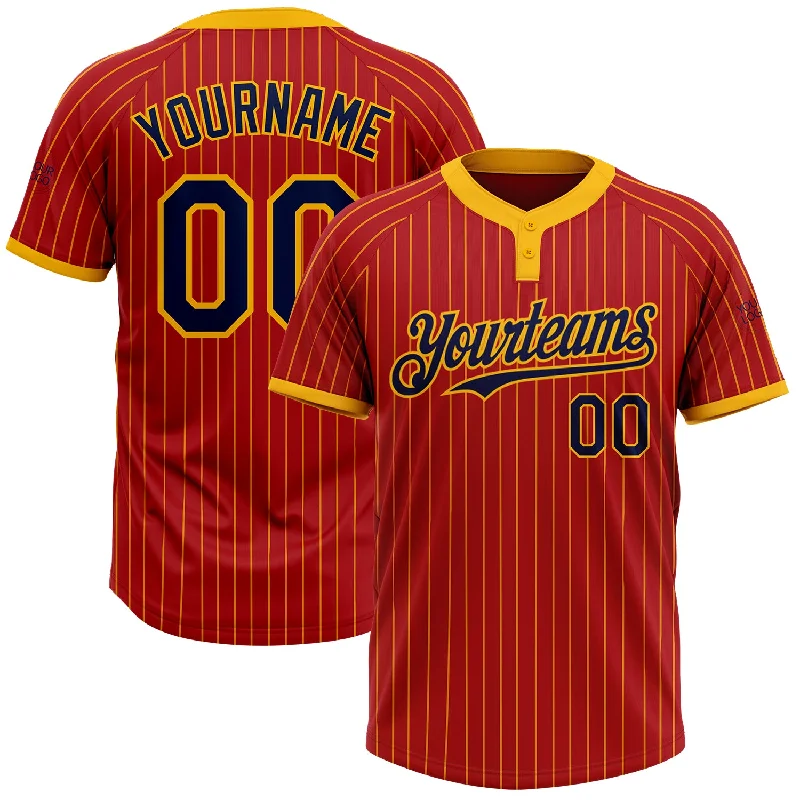 Softball jersey with high stretch for free movement during play-Custom Red Gold Pinstripe Navy Two-Button Unisex Softball Jersey