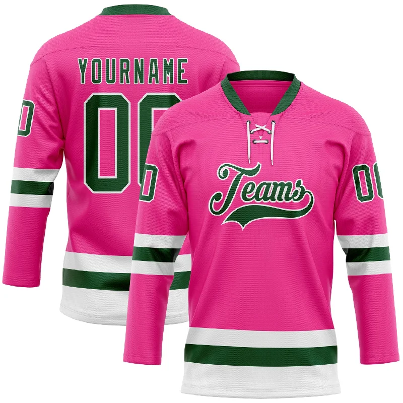 Personalized hockey jersey with bold team designs-Custom Pink Green-White Hockey Lace Neck Jersey