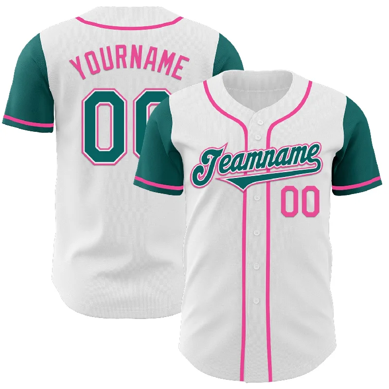 Custom baseball jersey with matching hats-Custom White Teal-Pink Authentic Two Tone Baseball Jersey