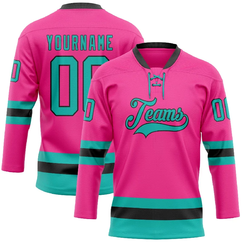 Hockey jersey with breathable material for comfort-Custom Pink Aqua-Black Hockey Lace Neck Jersey