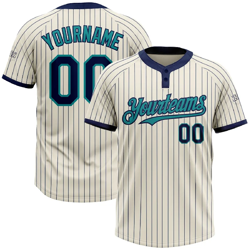 Personalized softball jersey for school teams and leagues-Custom Cream Navy Pinstripe Teal Two-Button Unisex Softball Jersey