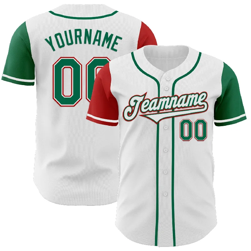 Personalized baseball jersey with cool, custom graphics-Custom White Kelly Green-Red Authentic Two Tone Baseball Jersey