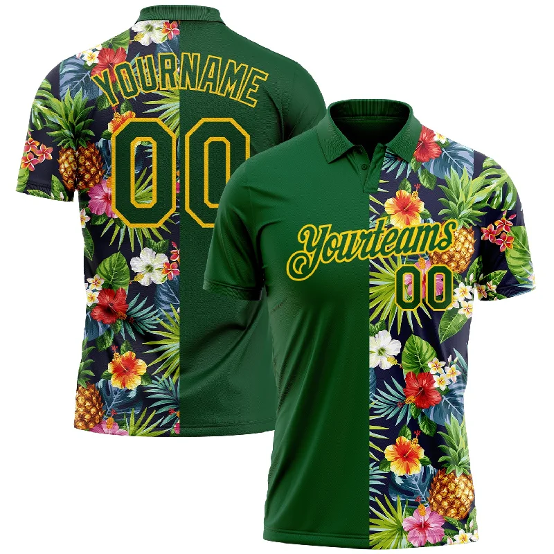 Premium golf polo shirt for fashion-forward players-Custom Green Yellow 3D Pattern Design Tropical Pattern With Pineapples Palm Leaves And Flowers Performance Golf Polo Shirt