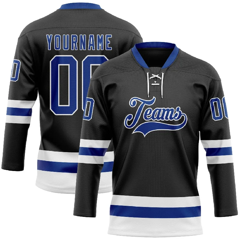 Custom hockey jersey with added ventilation for air circulation-Custom Black Royal-White Hockey Lace Neck Jersey