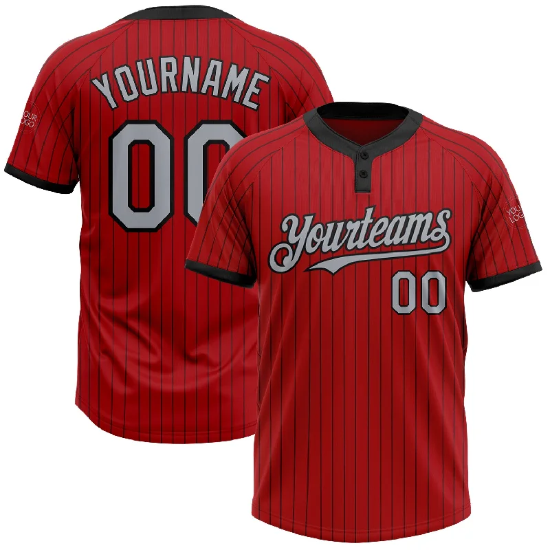 Softball jersey with light and breathable polyester fabric-Custom Red Black Pinstripe Gray Two-Button Unisex Softball Jersey